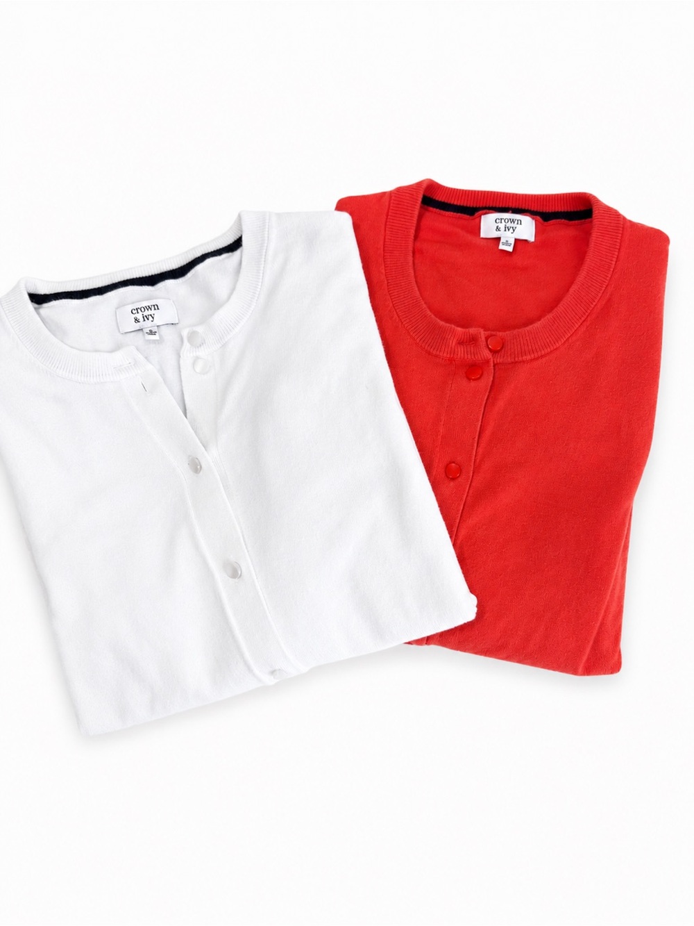 crown & ivy White and Coral Button-Front Crewneck Cardigan Pair